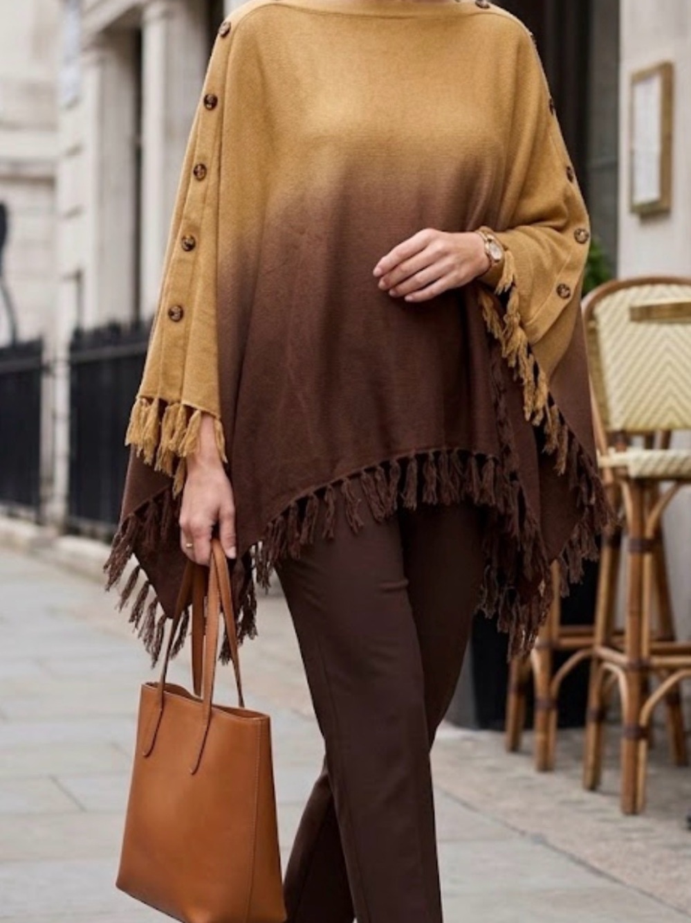 Vintage Randolph Duke Ombre Fringe Button Poncho in Camel and Brown